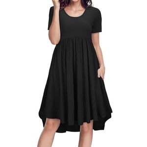 Women's Round Neck Short Sleeve Loose Swing Casual Midi Dress with Pocket Small